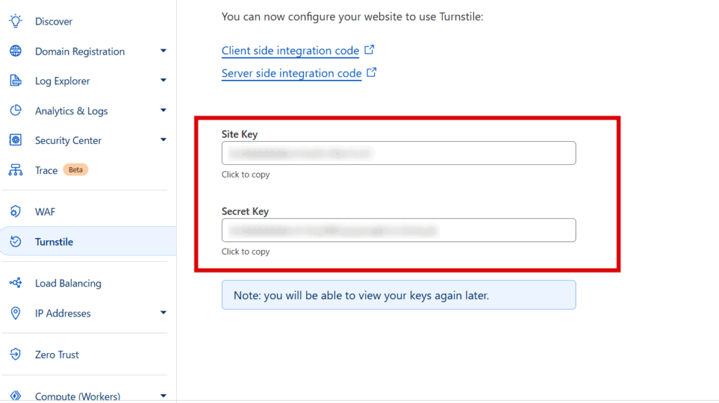 「Site Key」 と「Secret Key」をコピー